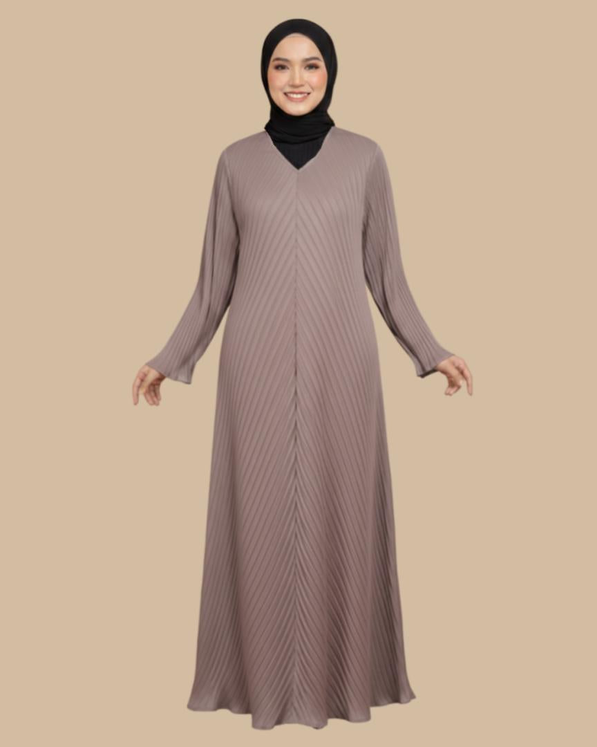 ELEMMIERA Abaya Izara Pleated - Moden & Selesa Dengan Resleting Hadapan Bahan Satin Premium Sesuai Untuk Wudhu Solat Saiz S Hingga 2XL