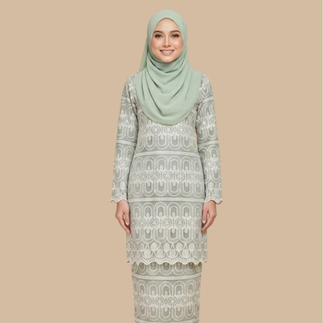 Kurung Mahsuri Luxe Lace Soft Sage Edition