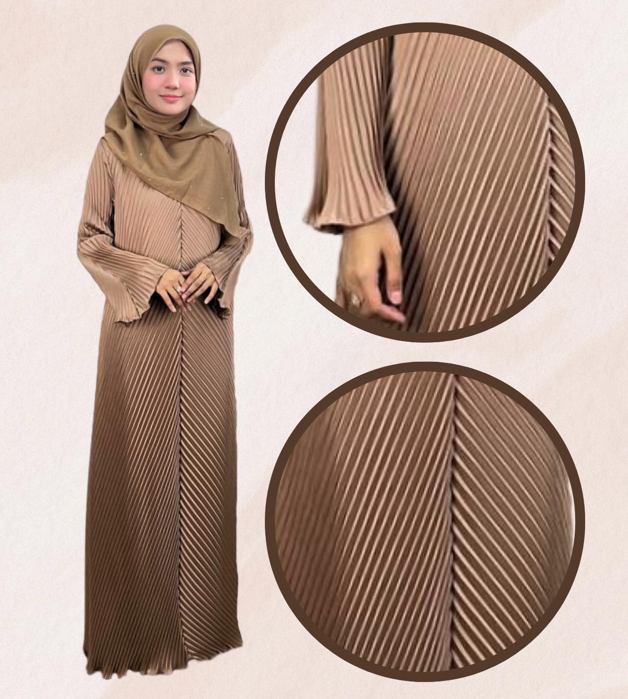 ELEMMIERA Abaya Izara Pleated - Moden & Selesa Dengan Resleting Hadapan Bahan Satin Premium Sesuai Untuk Wudhu Solat Saiz S Hingga 2XL