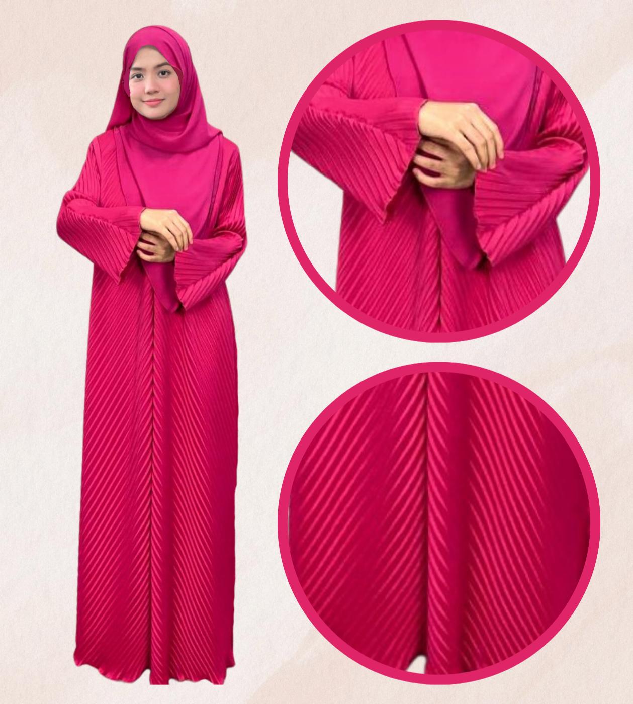 ELEMMIERA Abaya Izara Pleated - Moden & Selesa Dengan Resleting Hadapan Bahan Satin Premium Sesuai Untuk Wudhu Solat Saiz S Hingga 2XL