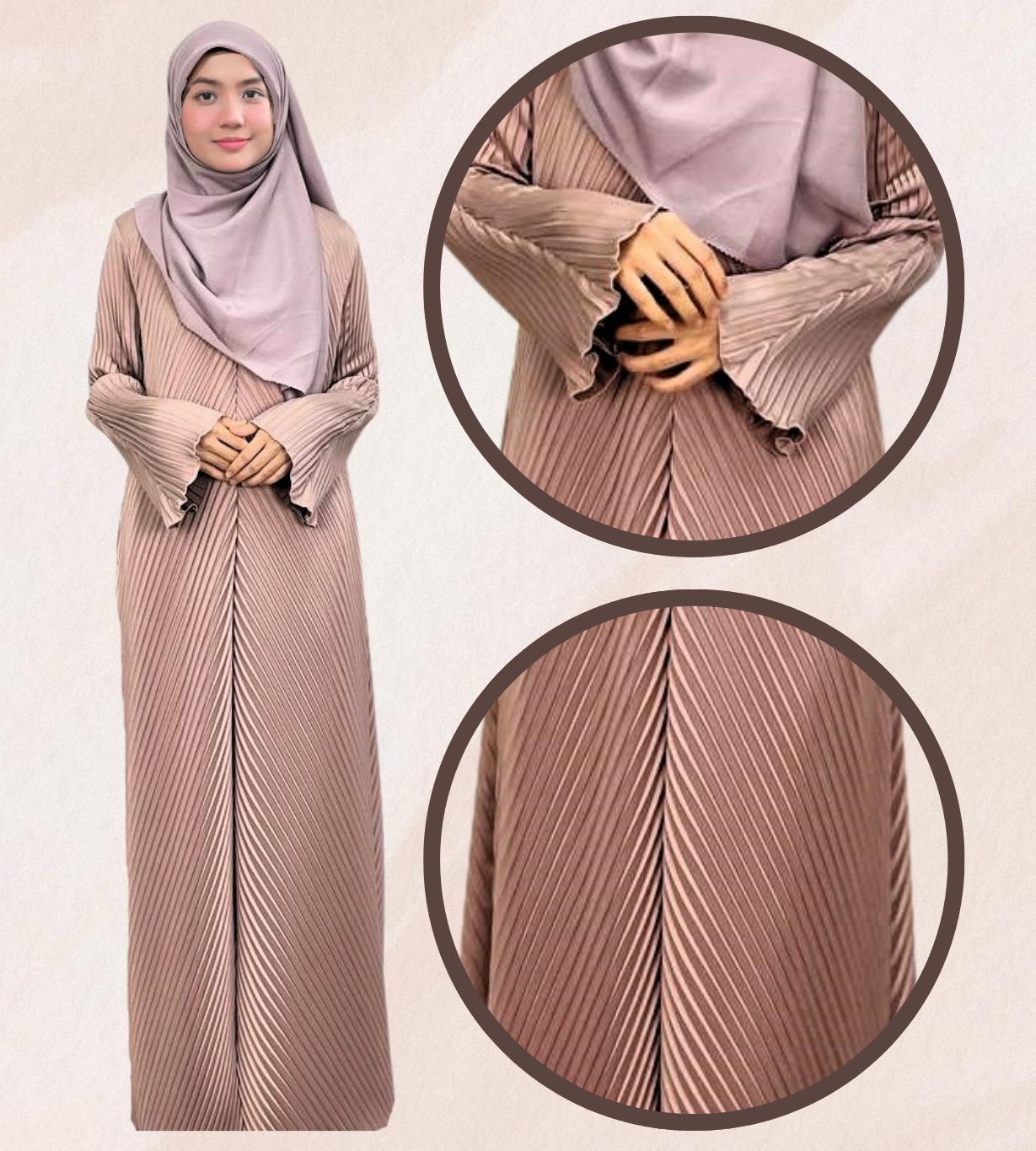 ELEMMIERA Abaya Izara Pleated - Moden & Selesa Dengan Resleting Hadapan Bahan Satin Premium Sesuai Untuk Wudhu Solat Saiz S Hingga 2XL
