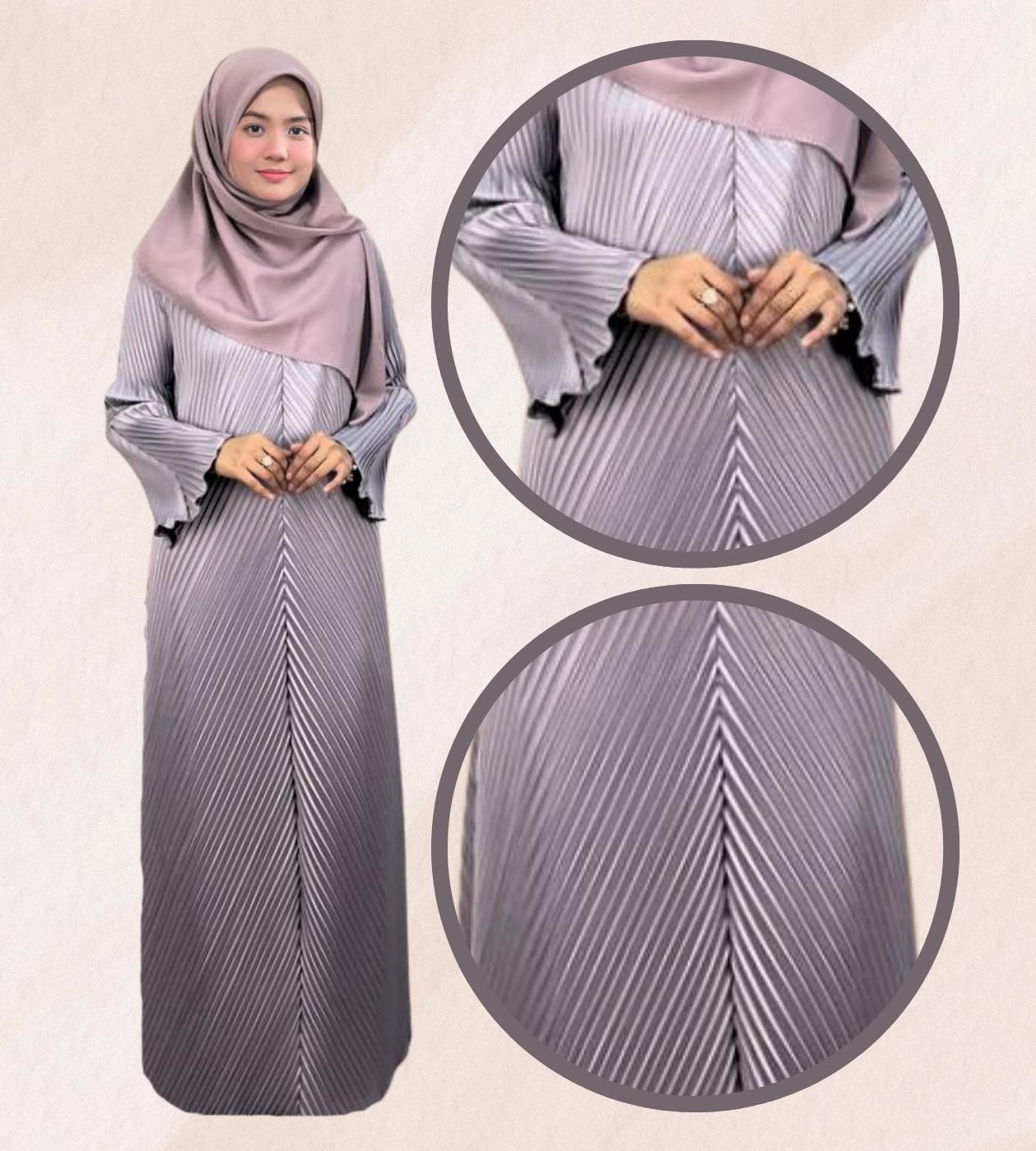 ELEMMIERA Abaya Izara Pleated - Moden & Selesa Dengan Resleting Hadapan Bahan Satin Premium Sesuai Untuk Wudhu Solat Saiz S Hingga 2XL