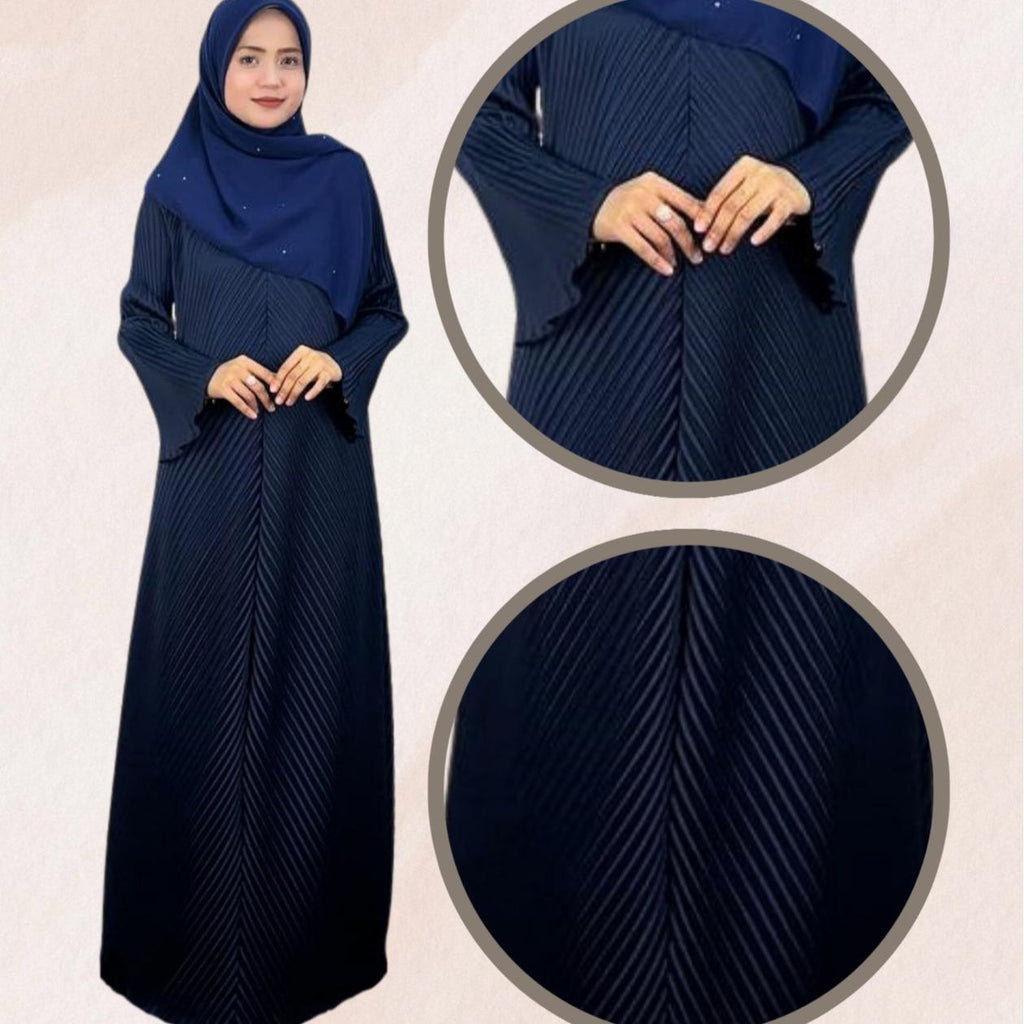 ELEMMIERA Abaya Izara Pleated - Moden & Selesa Dengan Resleting Hadapan Bahan Satin Premium Sesuai Untuk Wudhu Solat Saiz S Hingga 2XL