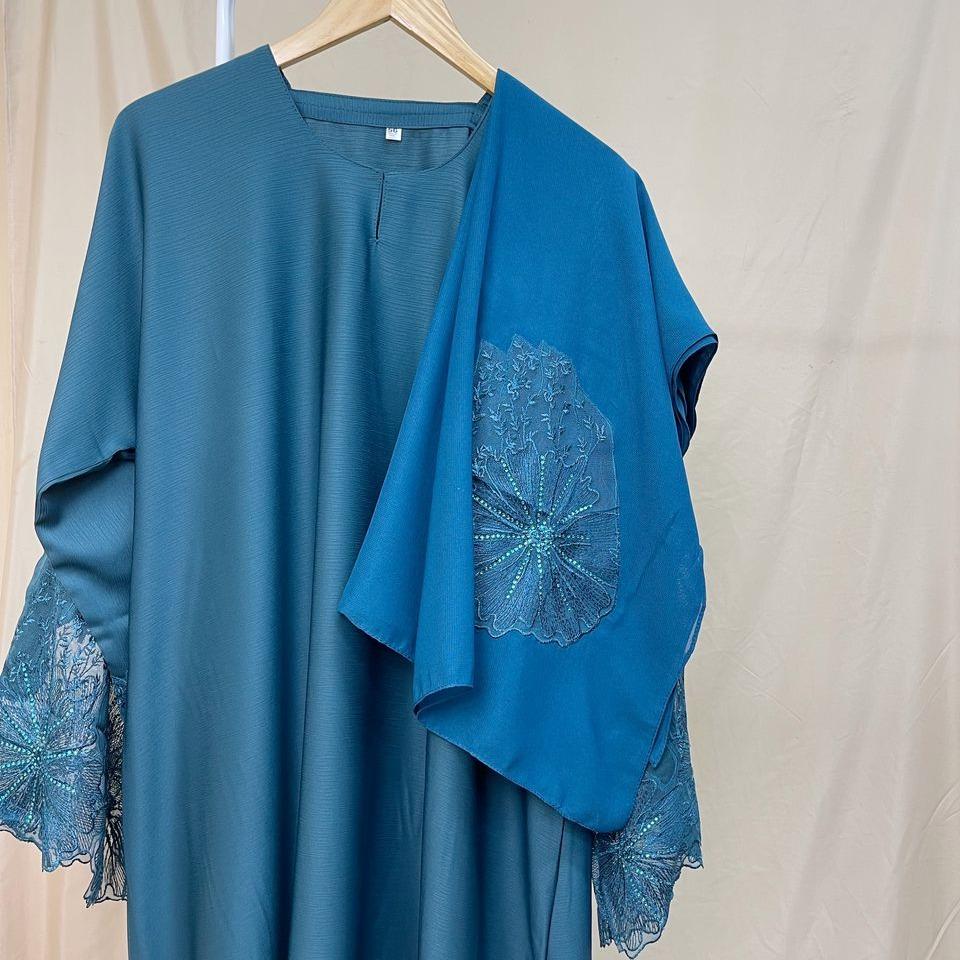 Abaya UAE Big Flower Laces ELEMMIERA pakaian muslimah yang cantik dengan sulaman bunga di tangan