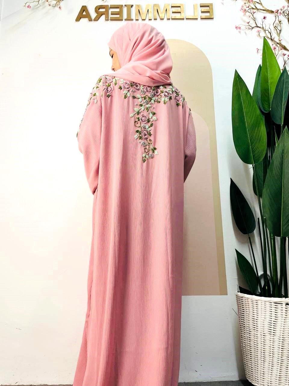 Abaya UAE Aleesya ELEMMIERA Jahitan Bunga Manik Premium di bahu, belakang dan tangan Abaya Muslimah