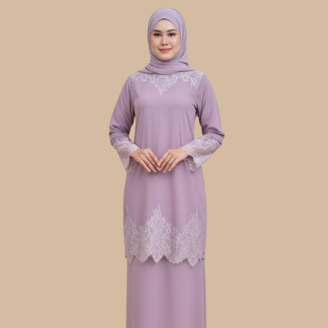 Kurung Diana Soft Lavender Premium Lace – Elegant Modest Wear Muslimah